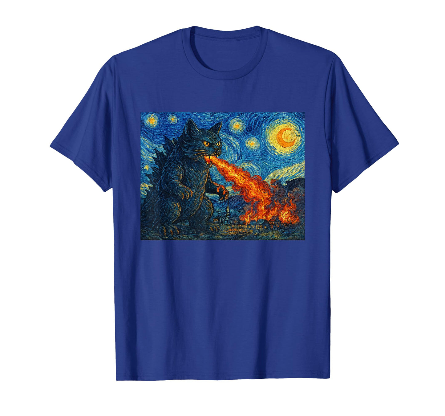 Starry Night Catzilla Monster Cat Van Gogh Style Cat Lover T-Shirt
