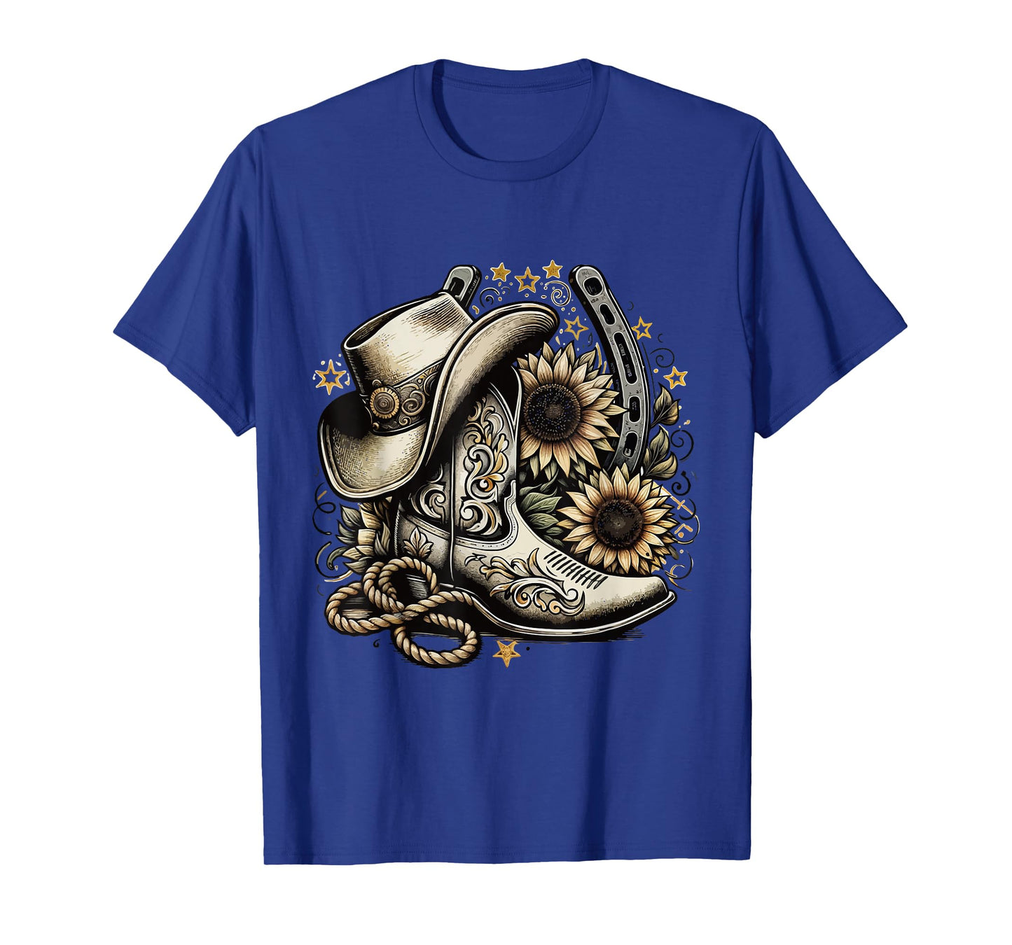 Western Cowboy Boot Horseshoe Sunflower Rope Cowgirl country T-Shirt, Small, Black