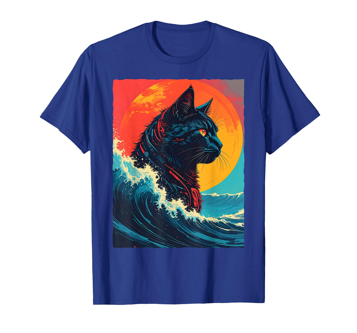 Great Kanagawa Wave Black Cat Robot Cyborg Sci-Fi Retro Sun T-Shirt