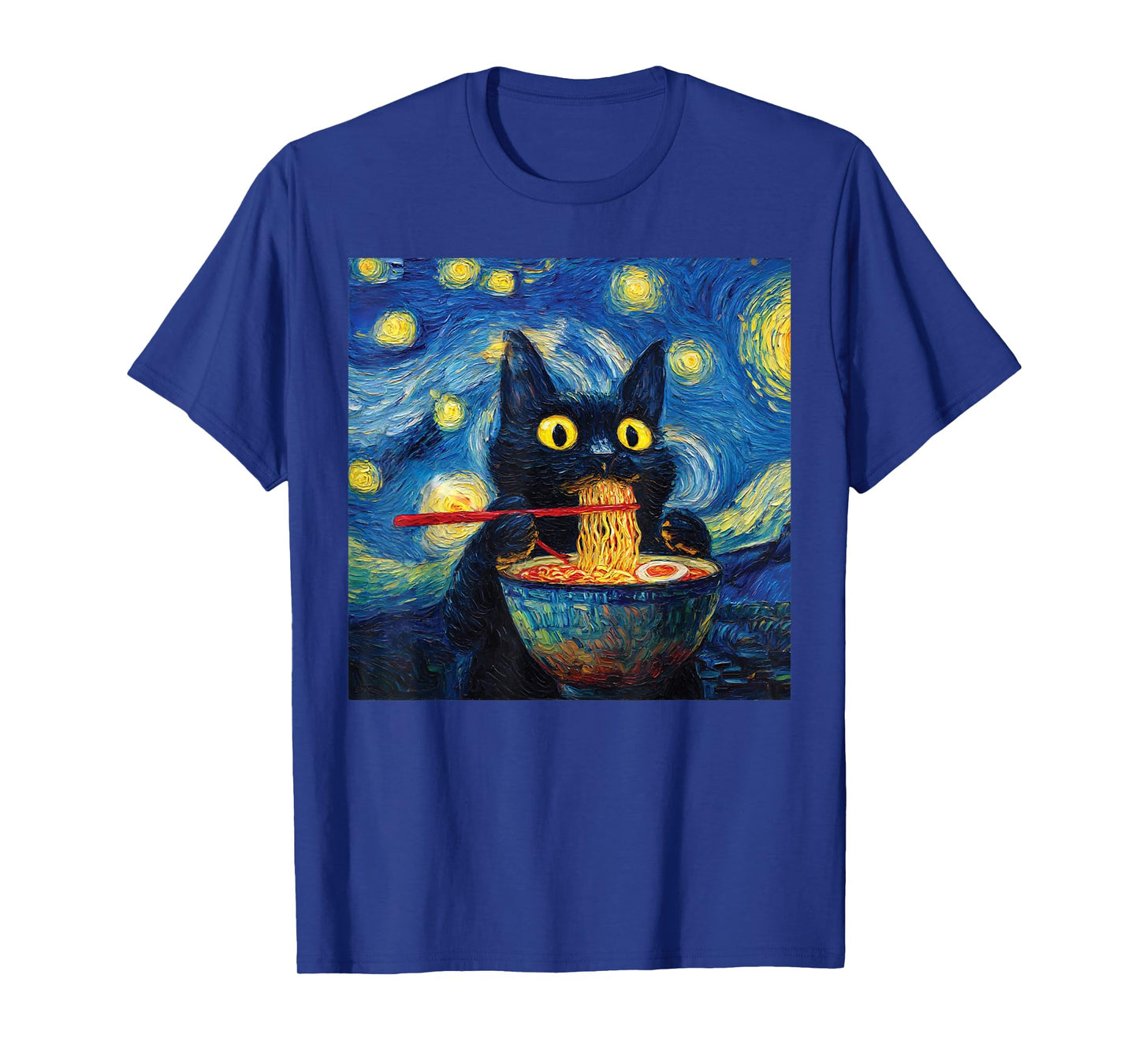 Cat Eating Ramen - Under Starry Nighit Funny Noodle Cat Art T-Shirt