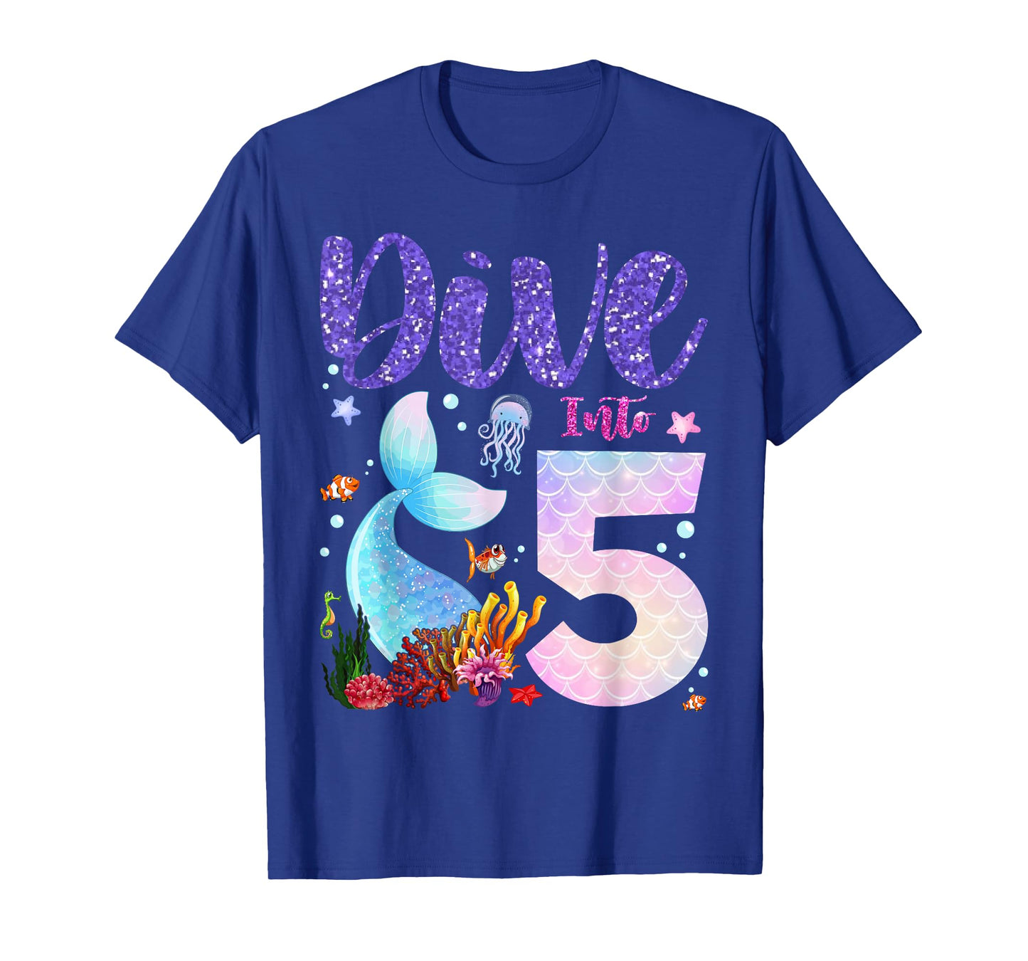 Dive Into 5 Birthday Decorations Girl 5th Birthday Mermaid T-Shirt