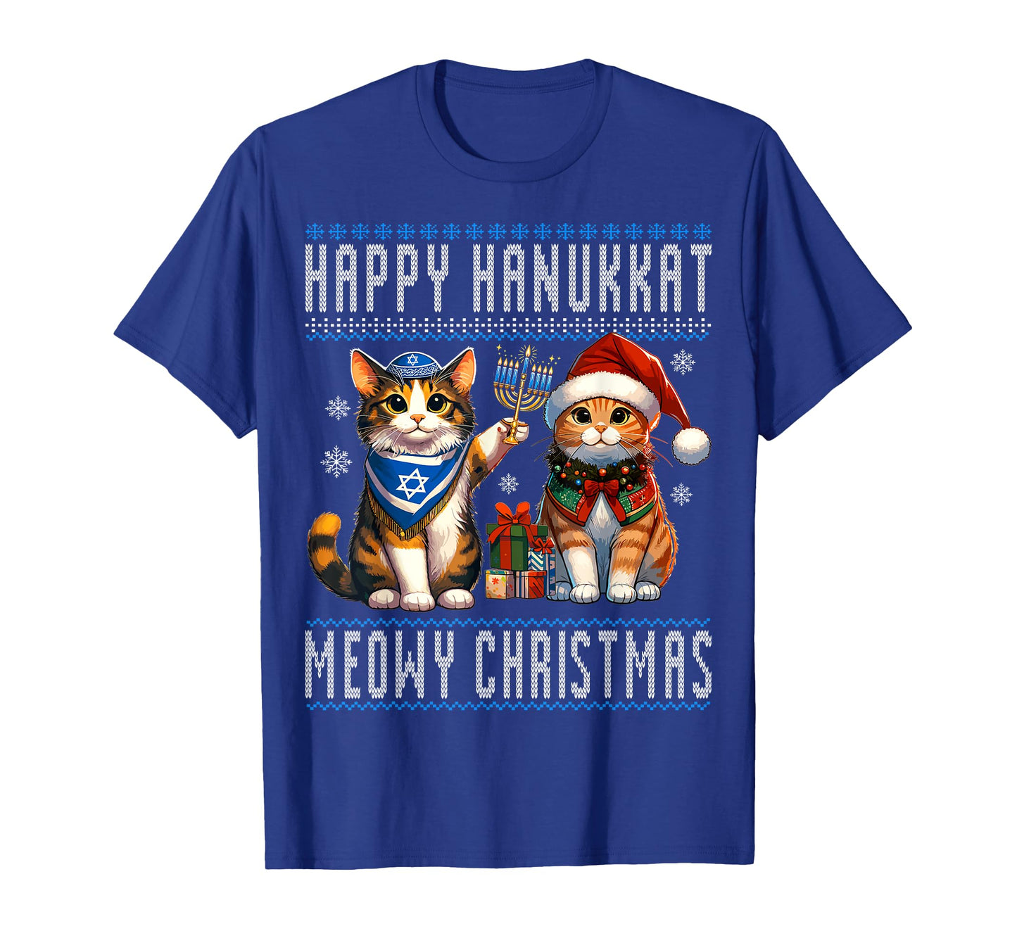 Cat Merry Christmas Happy Hanukkah Jewish Christian Men Women Kids T-Shirt
