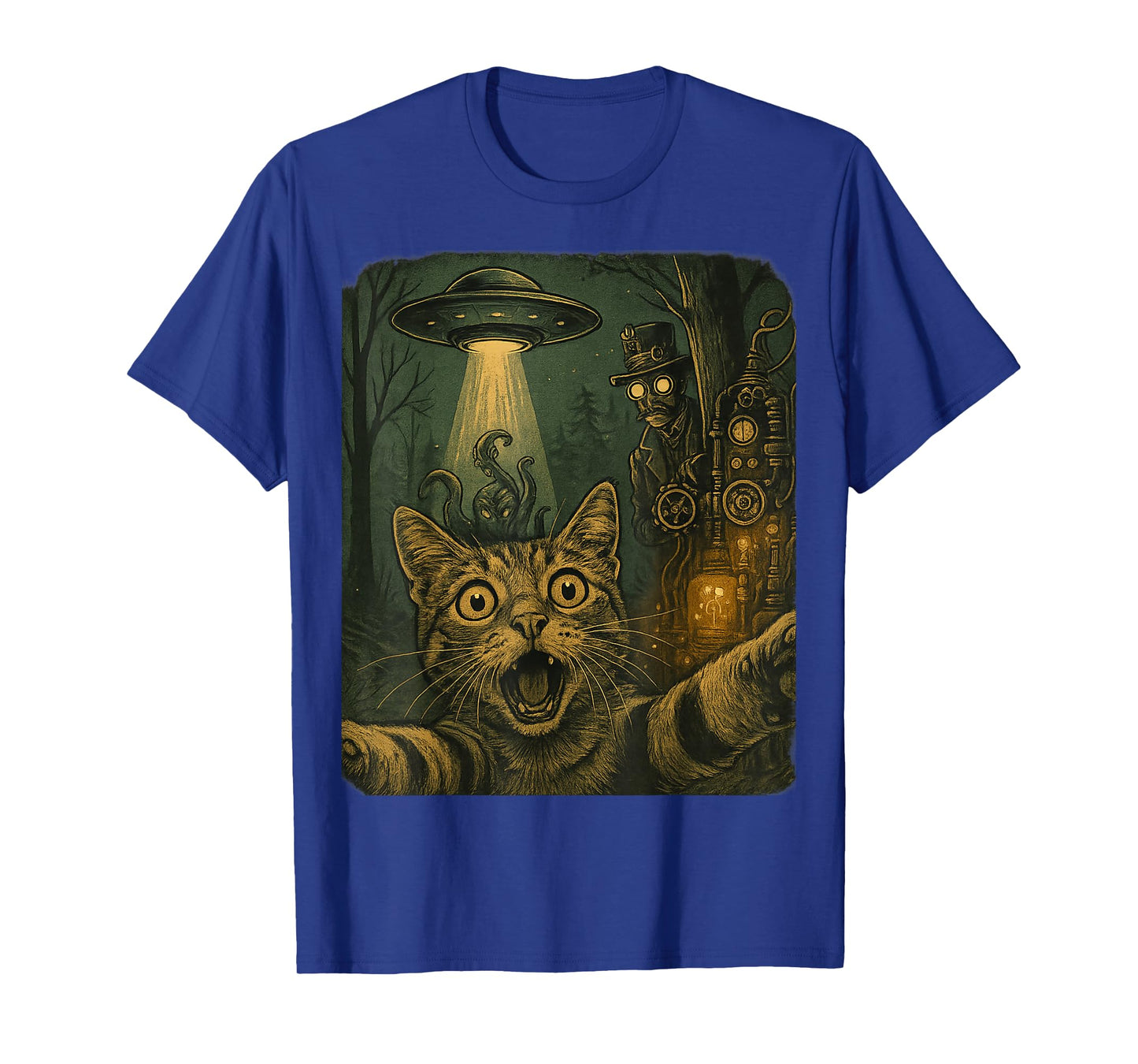 Cat Selfie UFO Steampunk Time Traveler Retro SciFi Victorian T-Shirt