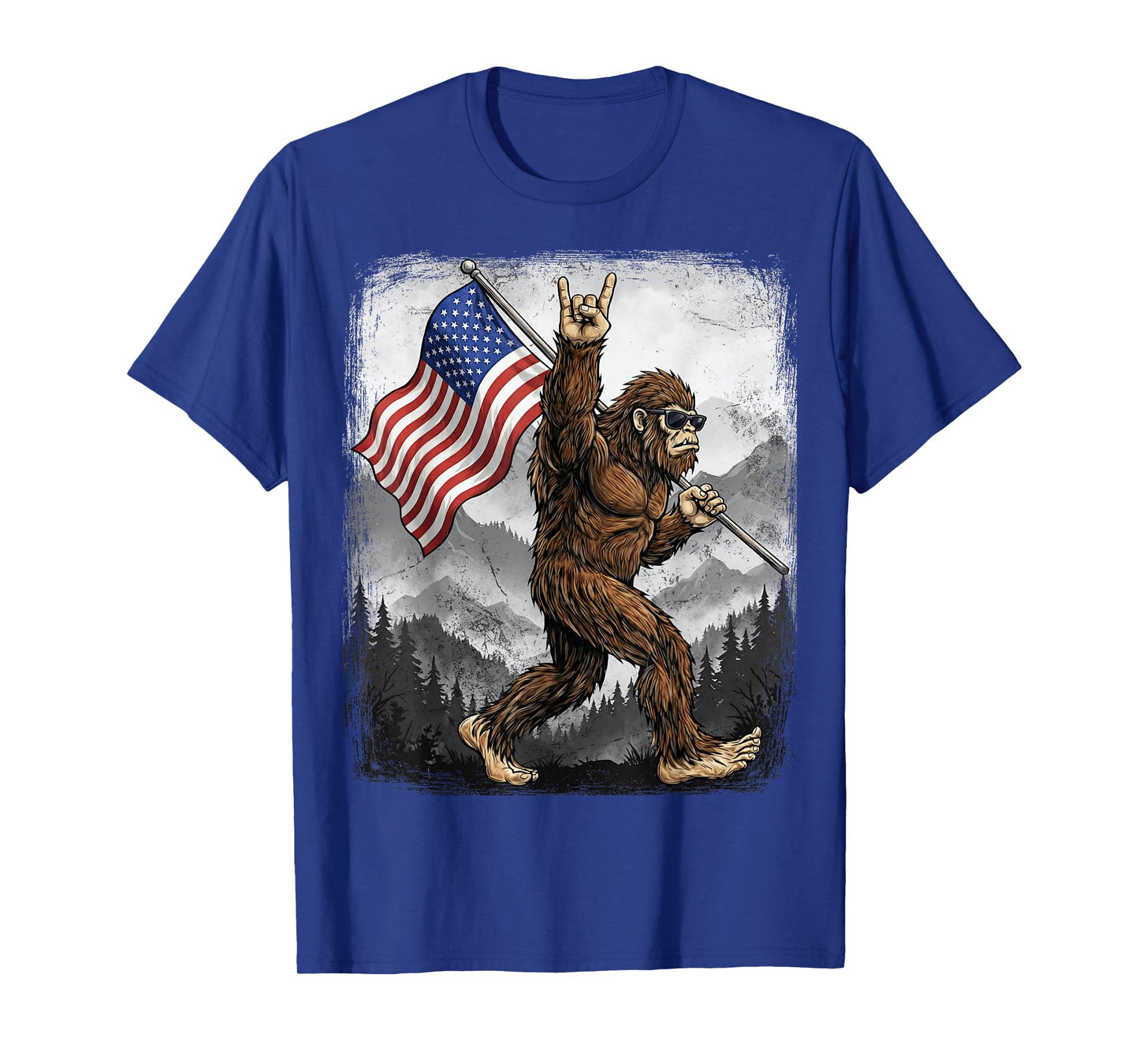 Bigfoot Rock On Hand Sign American Flag 4th of July USA T-Shirt