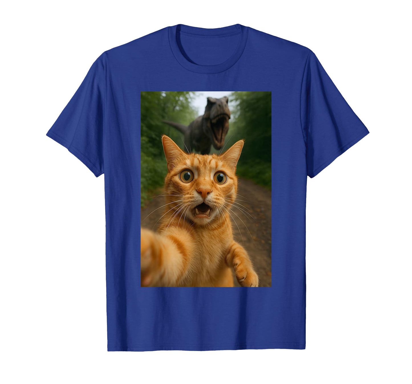 Cat Selfie Escape from Dinosaur Funny for Kids Teens Adult T-Shirt