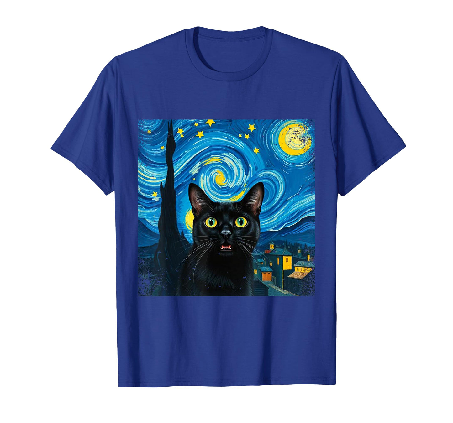 Black Cat Swirling Night Colorful Sky Starry Art Van Gogh T-Shirt