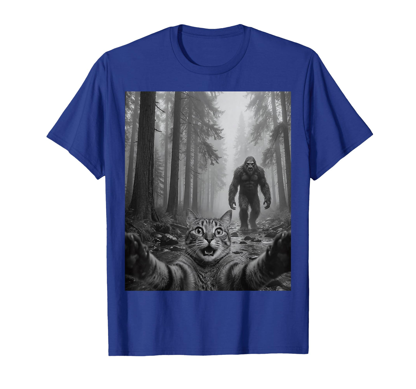 Funny Cute Tabby Cat Selfie with Bigfoot Men Women Kids T-Shirt
