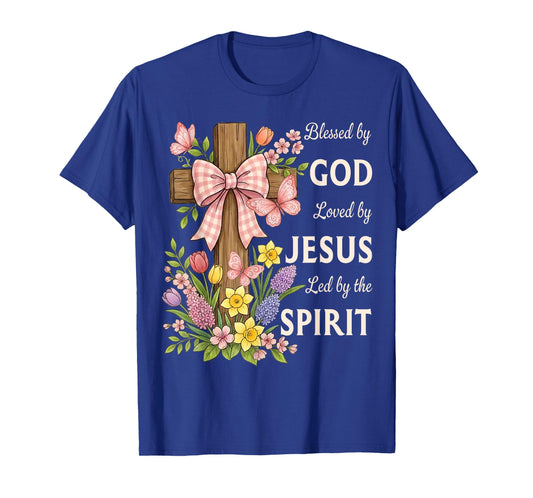 Blessed by God Loved by Jesus Beautiful Spring Floral Cross T-Shirt