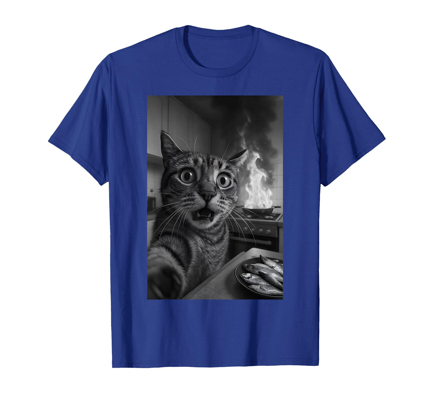 Funny Cat Selfie with Burning Kitchen Silly Cat Graphic Meme T-Shirt