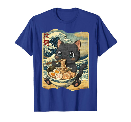 Funny Kawaii Black Cat Ramen Noodle Bowl Japanese Wave T-Shirt