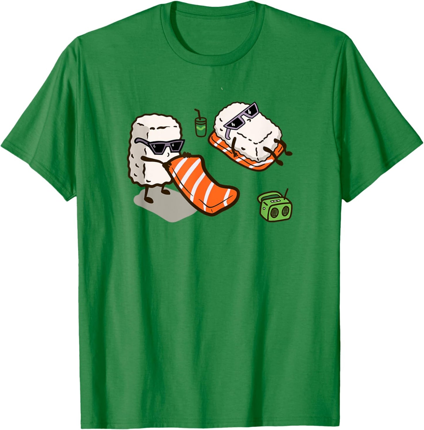 Funny Sushi Sunbathing on the Beach | Kawaii Salmon Sushi Women Girls Kids T-Shirt - T-Shirt | Irish Green