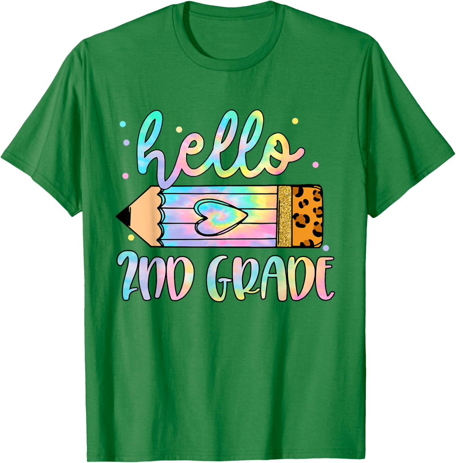 Back To School Hello 2nd Grade Leopard Tie Dye Pencil Kids T-Shirt - T-Shirt | Irish Green