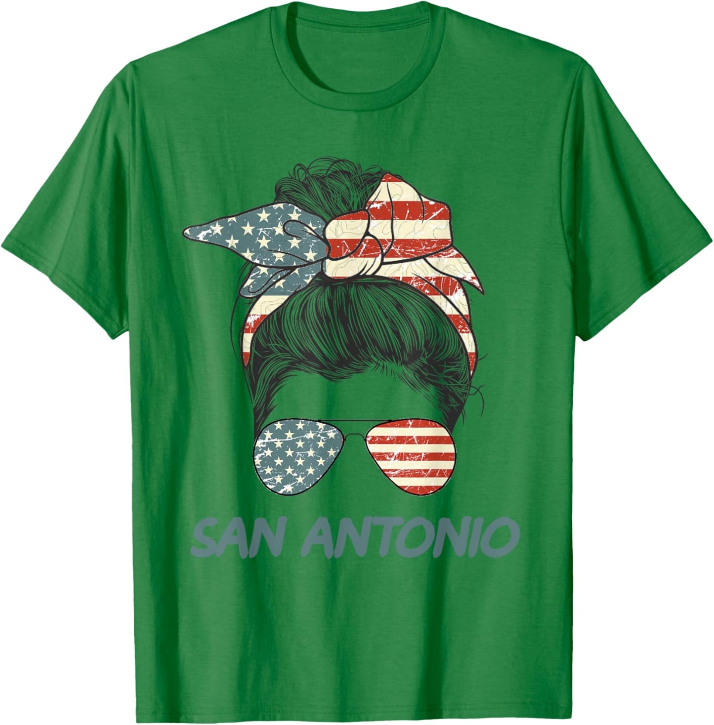 San Antonio Girl Messy bun, Texas Pride Patriotic USA flag T-Shirt - T-Shirt | Irish Green