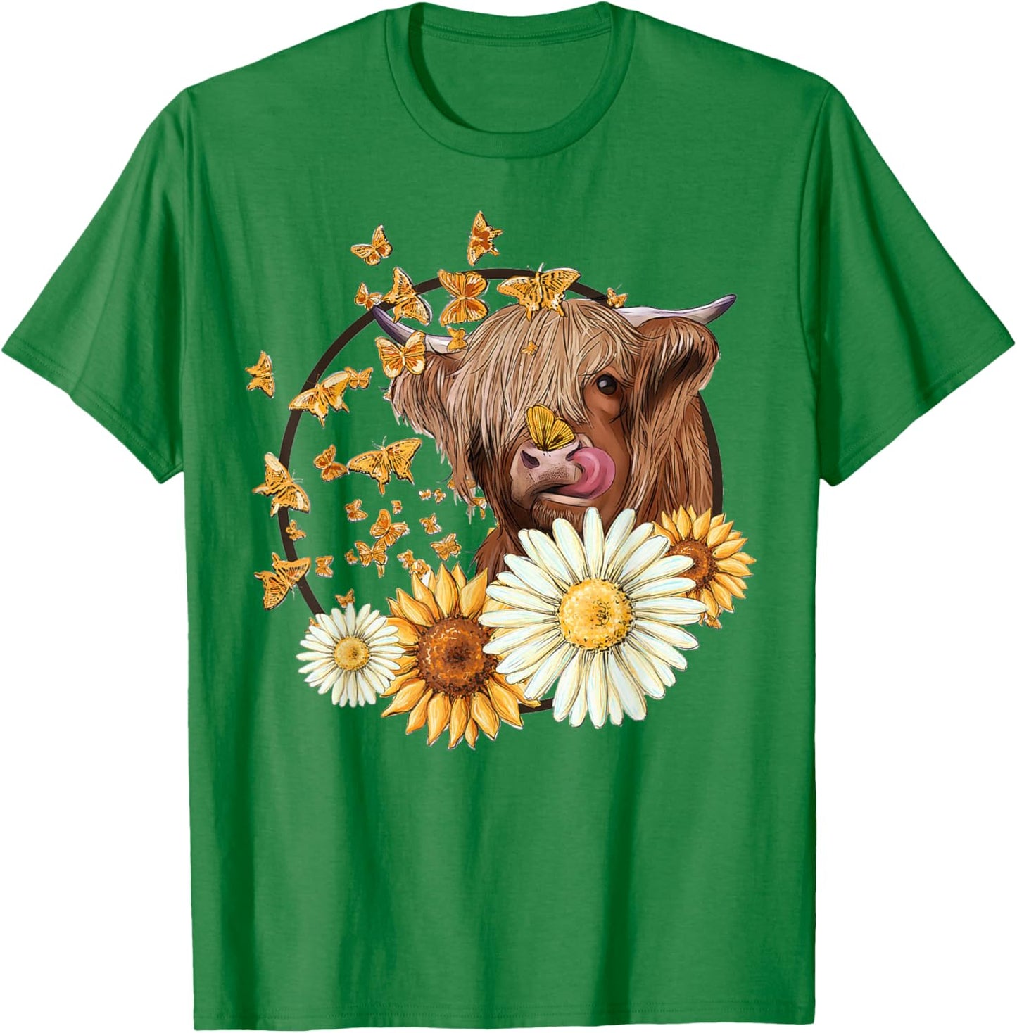 Highland Cow With Sunflower Daisies Butterflies Farm Western T-Shirt - T-Shirt | Irish Green