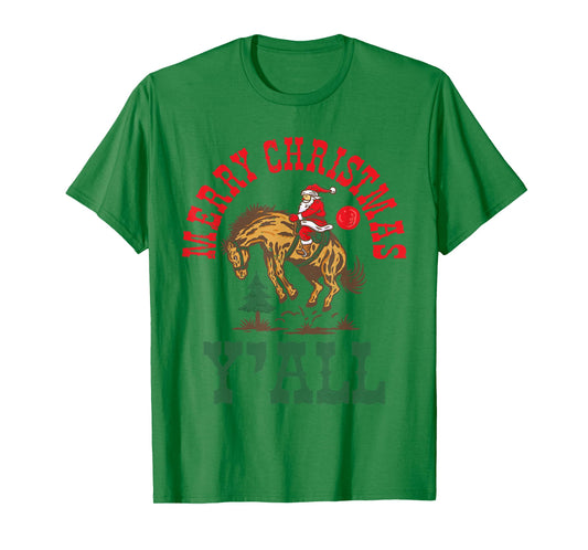 Merry Christmas Yall Western Country Rodeo Santa Cowboy T-Shirt