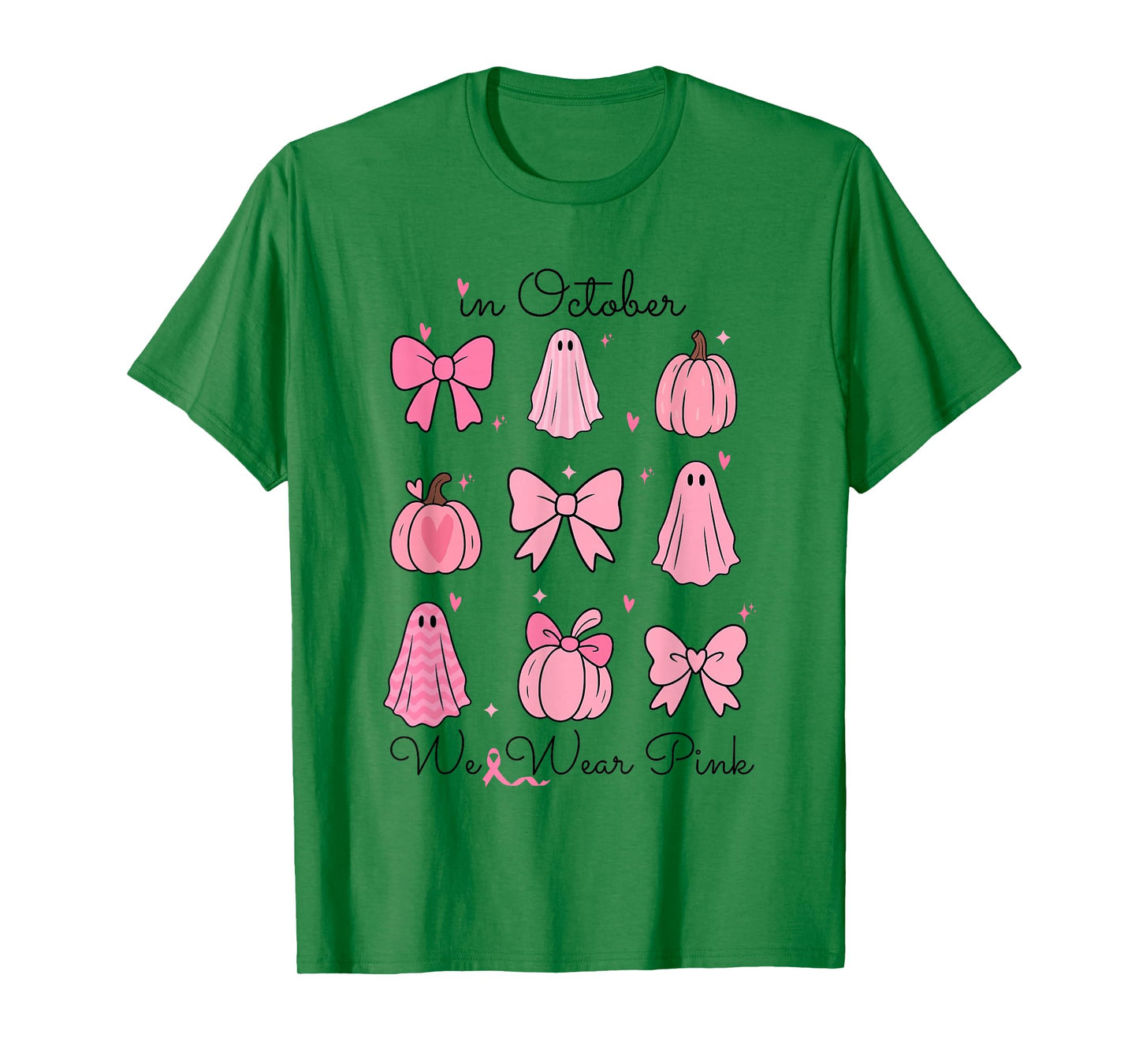 in October We Wear Pink Pumpkin Bows Ghost Breast Cancer T-Shirt