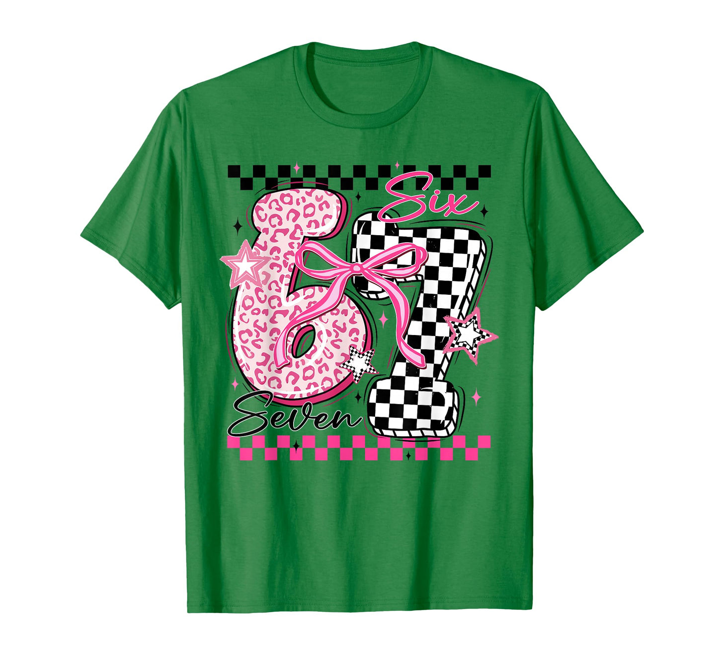 Six Seven 6 7 Leopard Checkered 67 Meme Teacher Women Girls T-Shirt