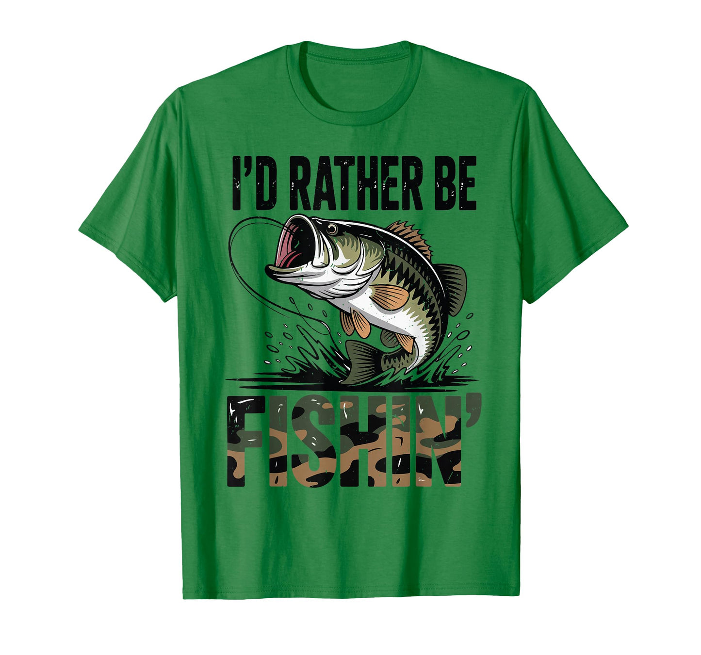 Youth Men Id Rather Be Fishing Camo Bass Fish Dad Joke Funny T-Shirt