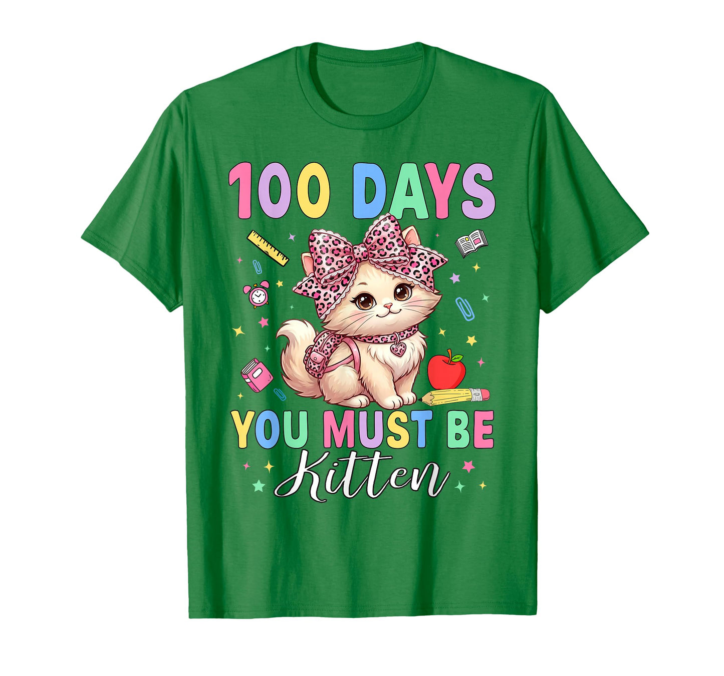 100 Days of School Girls Leopard Bow 100th Day of School Cat T-Shirt