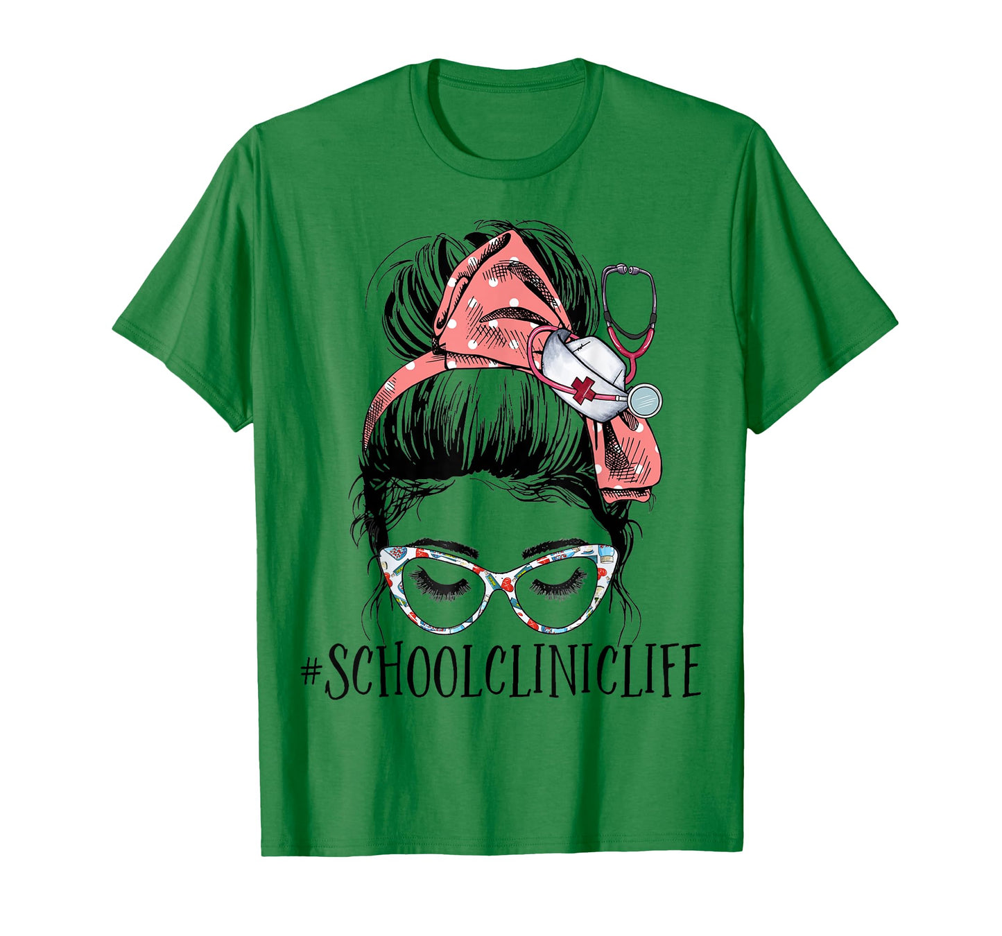 School Clinic Life Funny Messy Bun Woman School Nurse T-Shirt