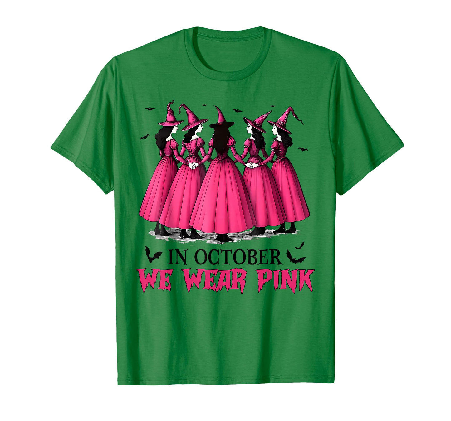 in October We Wear Pink Spooky Witch Halloween Breast Cancer T-Shirt