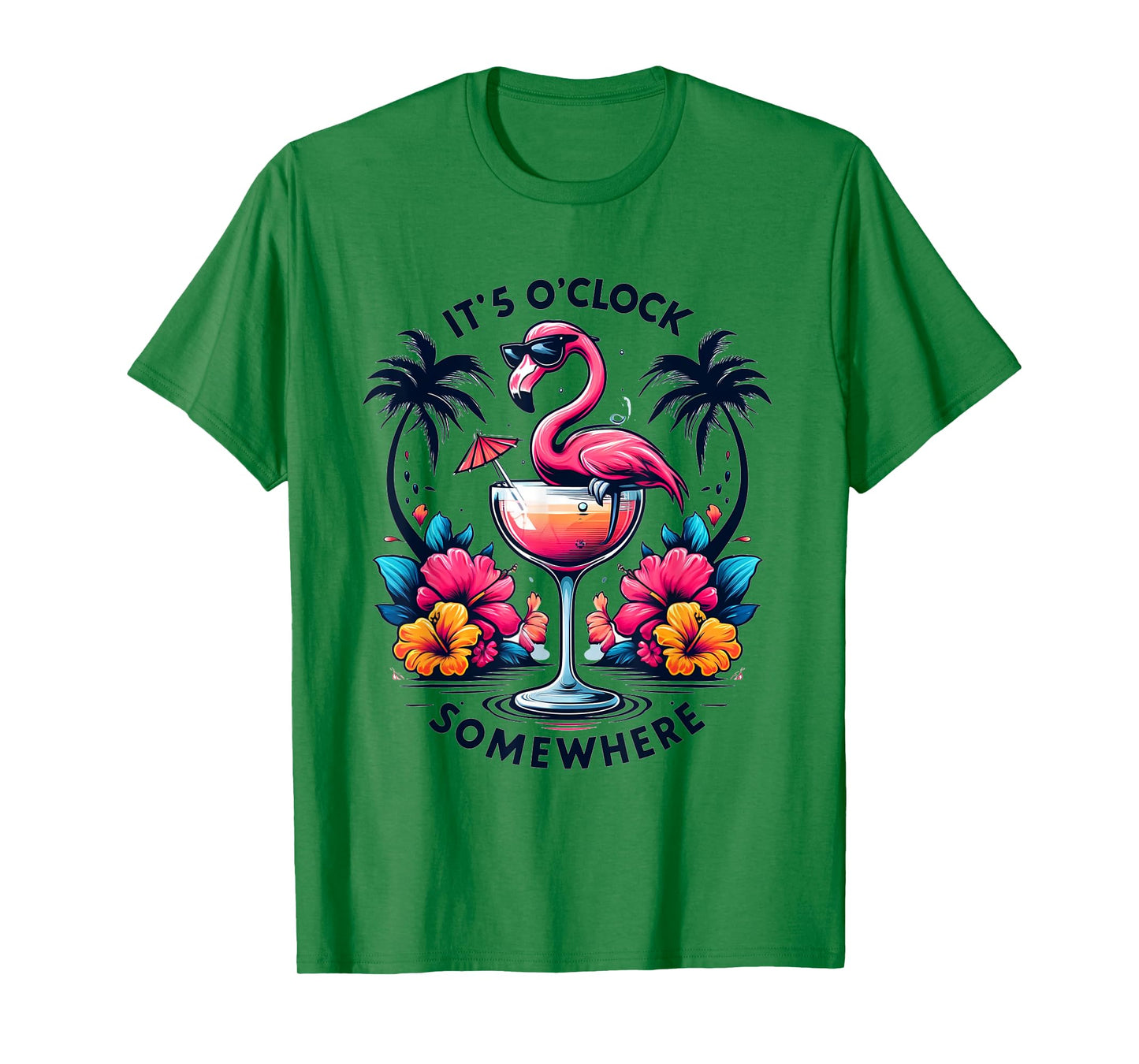 It's 5 O'Clock Somewhere Flamingo Beach Vacation Drinking T-Shirt for Men Women