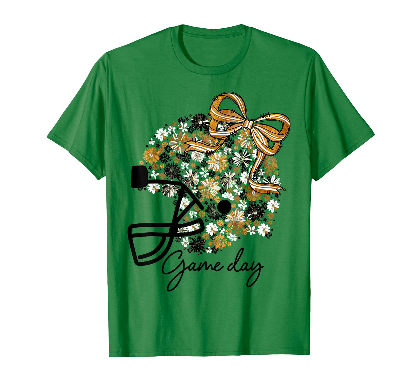 Floral Football Game Day Girly Bow Team Spirit Black & Gold T-Shirt