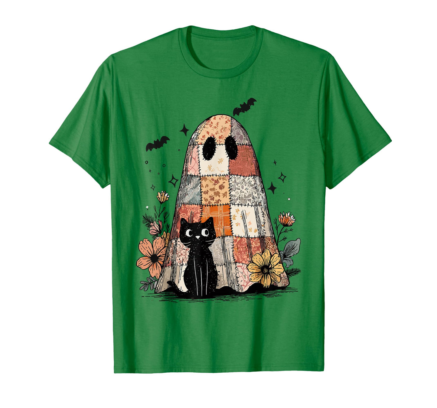 Retro Patchwork Ghost and Cat Floral Hallowee Spooky Season T-Shirt