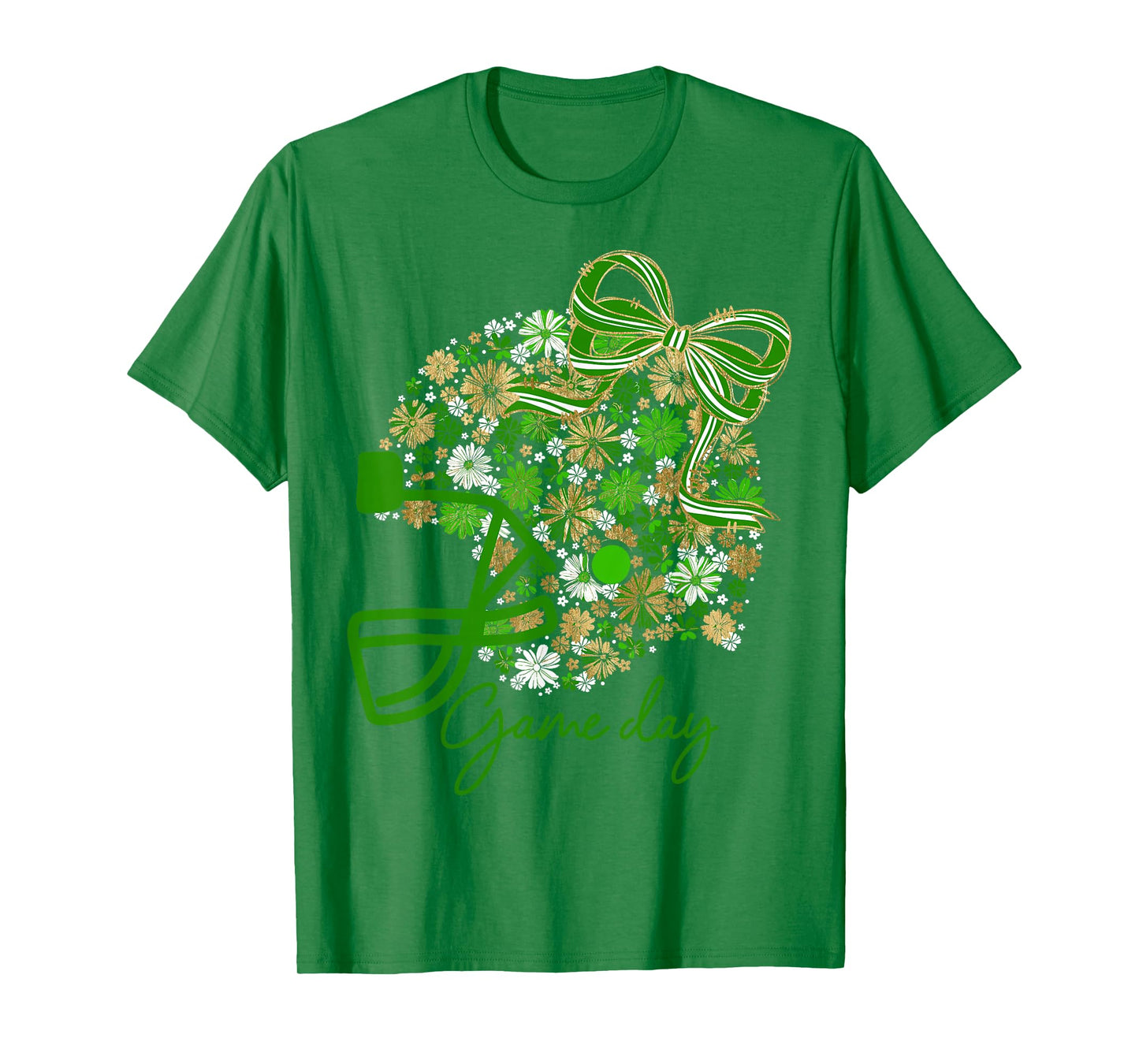 Floral Football Game Day Girly Team Spirit Green Gold White T-Shirt