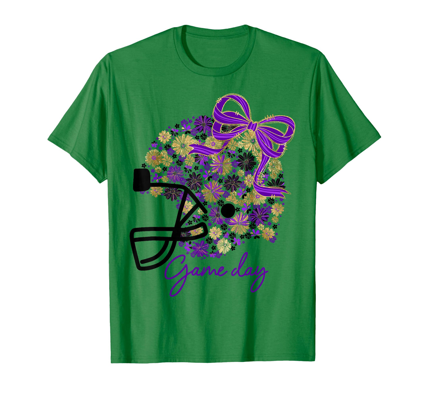 Floral Football Game Day Girly Team Spirit Purple Black Gold T-Shirt