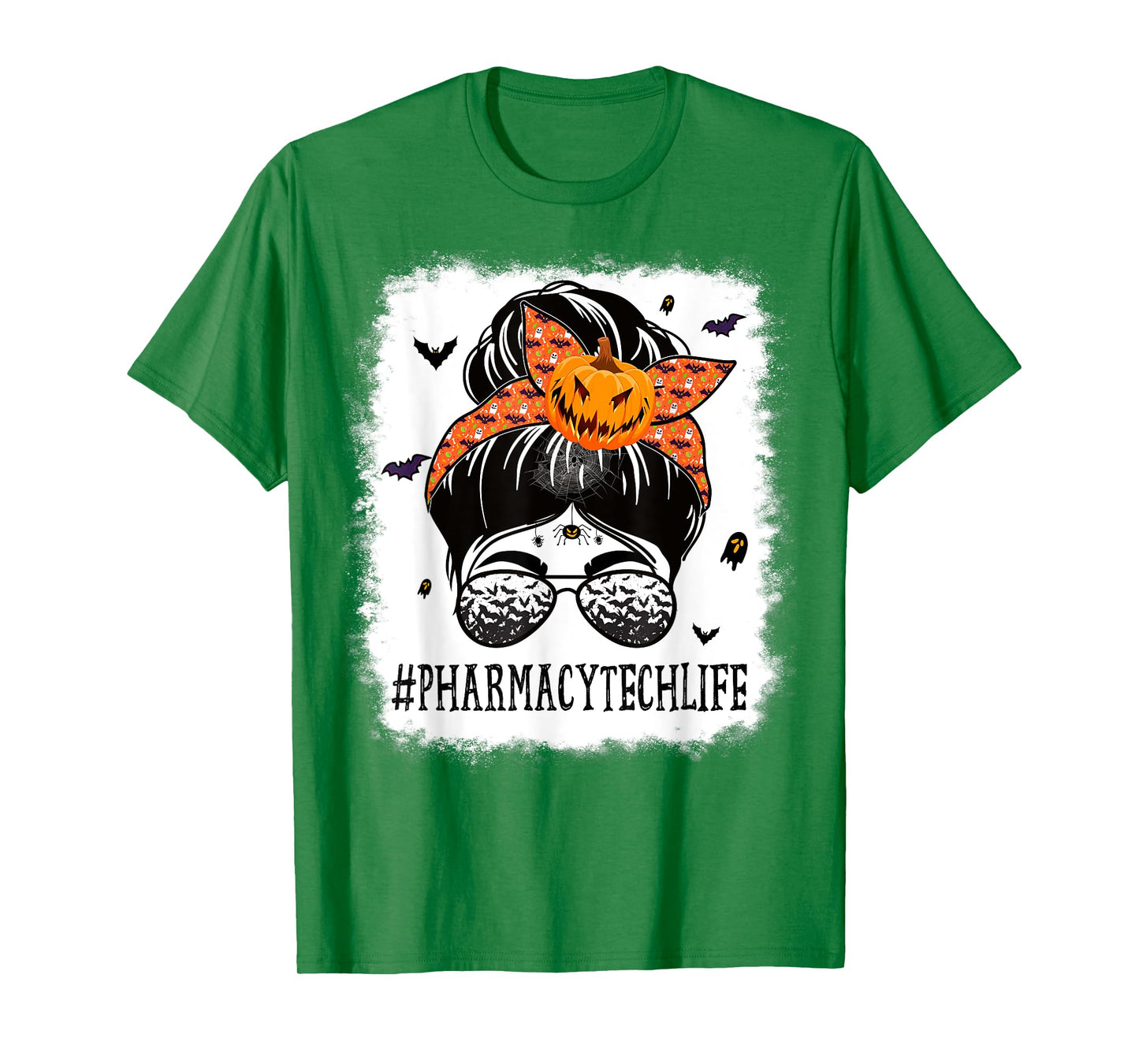 Pharmacy Tech Messy Bun Spooky Pumpkin Halloween Costume T-Shirt