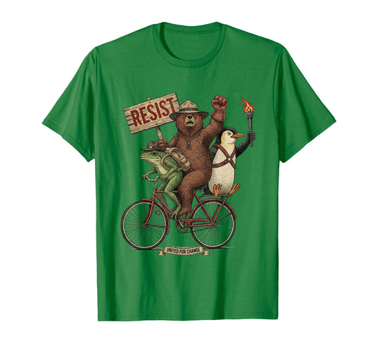 Penguin Frog Bear On Bike Resist Protest Vintage Men Women T-Shirt