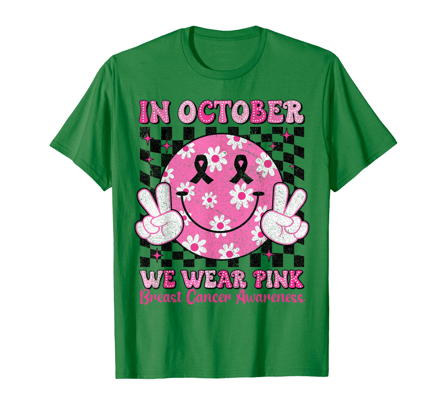in October We Wear Pink Breast Cancer Awareness Checkered T-Shirt