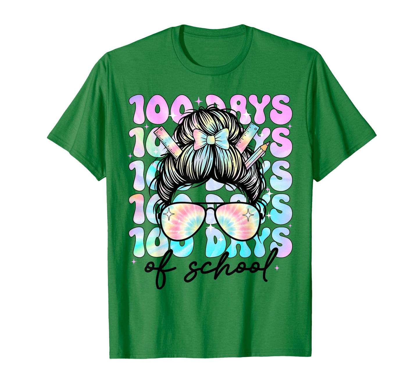 100 Days of School Girls Women 100th Day of School Messy Bun T-Shirt
