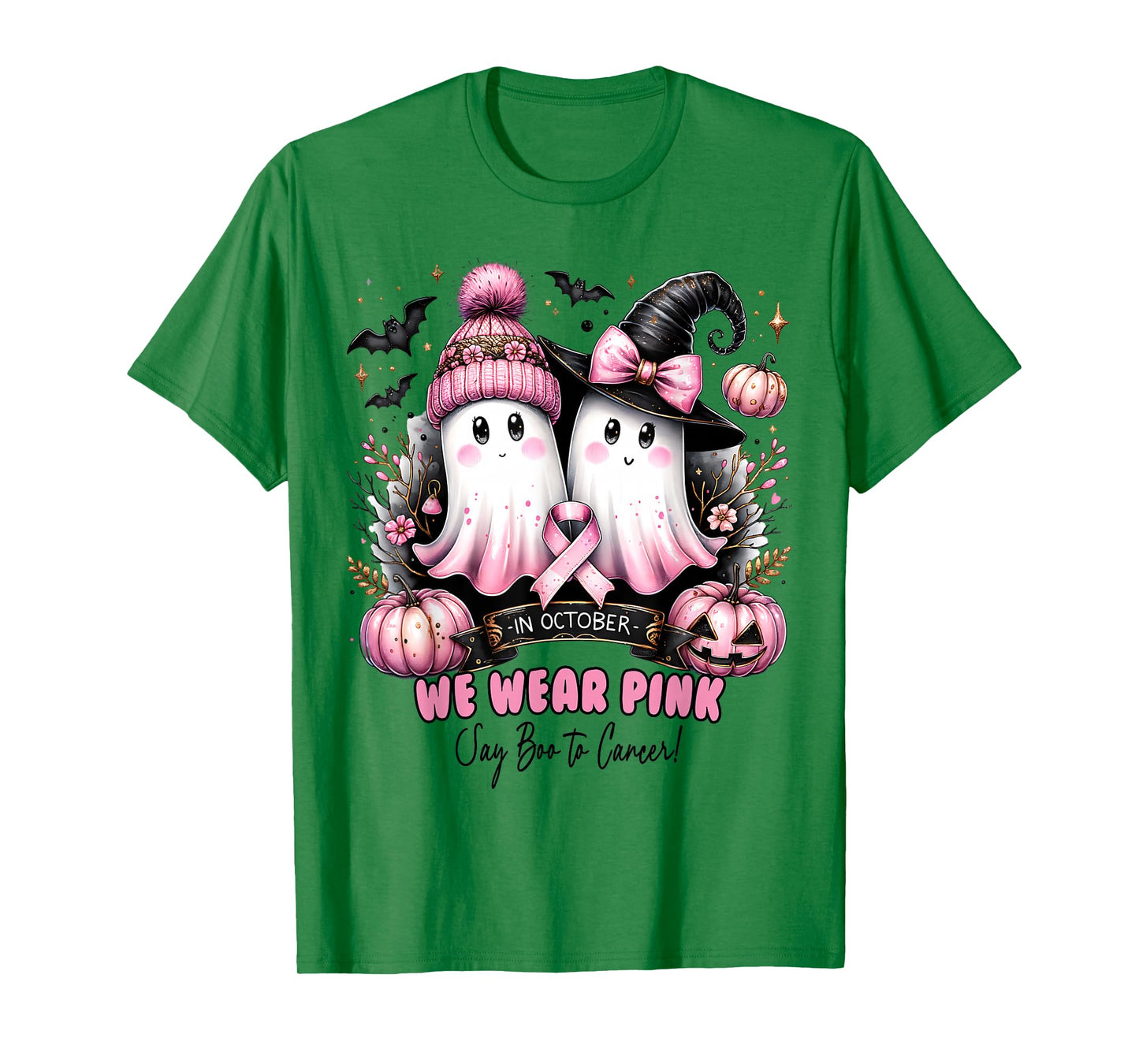 in October We Wear Pink Ghost Witch Breast Cancer Awareness T-Shirt