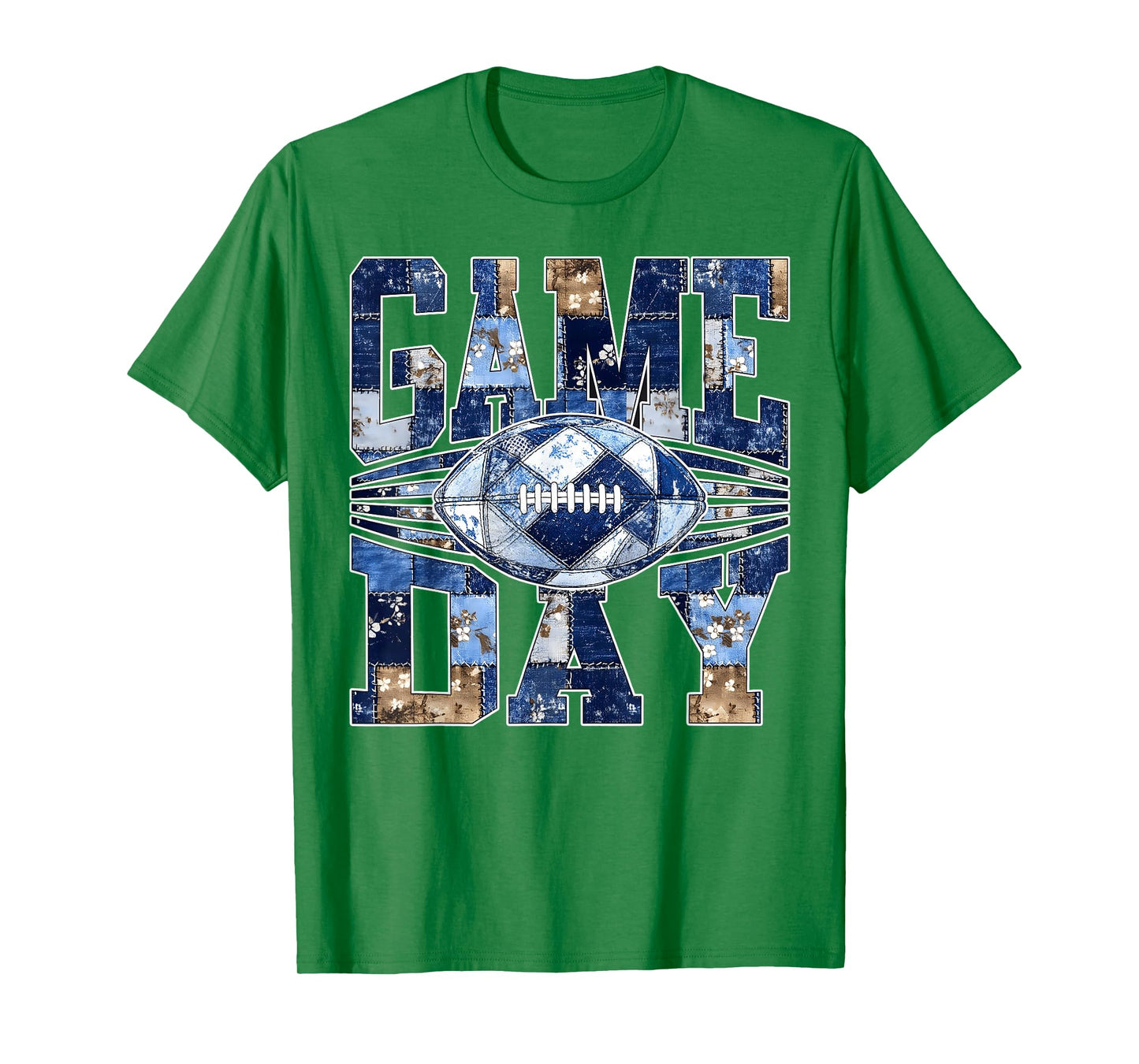 Patchwork Blue Denim Game Day Football Touchdown Season T-Shirt