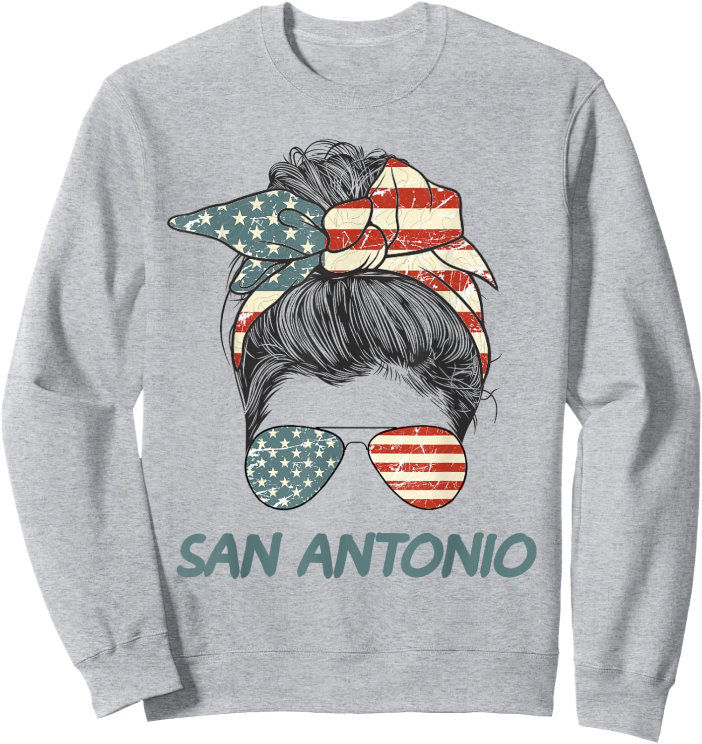 San Antonio Girl Messy bun, Texas Pride Patriotic USA flag Sweatshirt - Sweatshirt | Ash