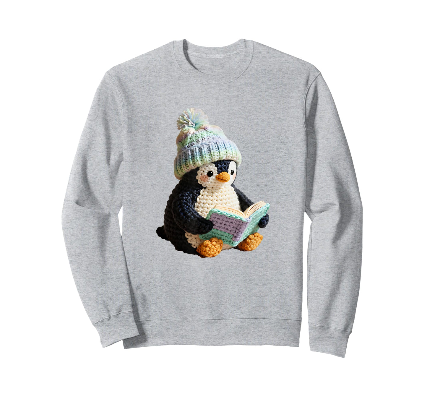 Cute Penguin Reading Book Faux-Crochet Print T-Shirt