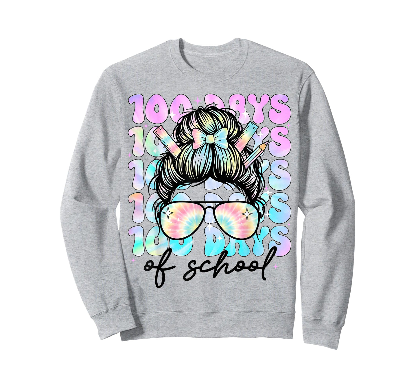 100 Days of School Girls Women 100th Day of School Messy Bun T-Shirt