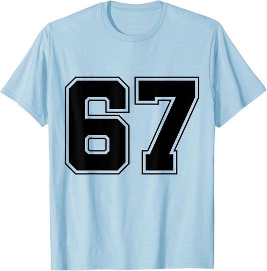 Number 67 Big Bold Capital Varsity Alphabet Monogram T-Shirt - T-Shirt | Light Blue
