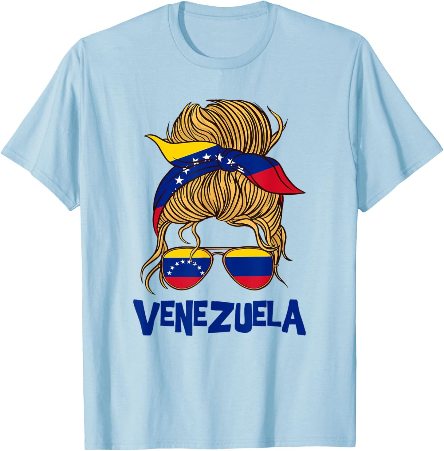 Venezuelan flag messy bun girl sunglasses Latina pride look T-Shirt - T-Shirt | Light Blue