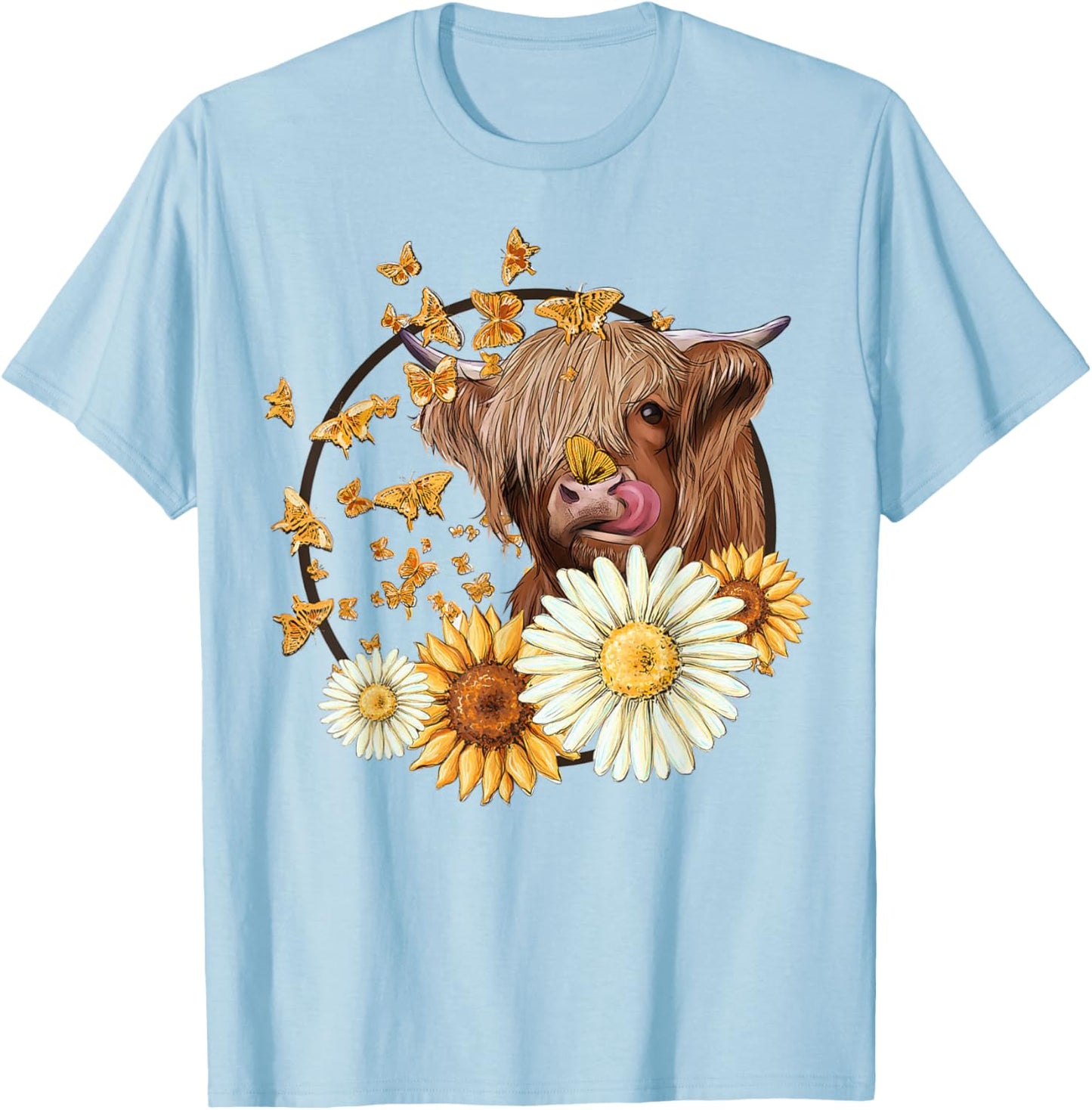Highland Cow With Sunflower Daisies Butterflies Farm Western T-Shirt - T-Shirt | Light Blue