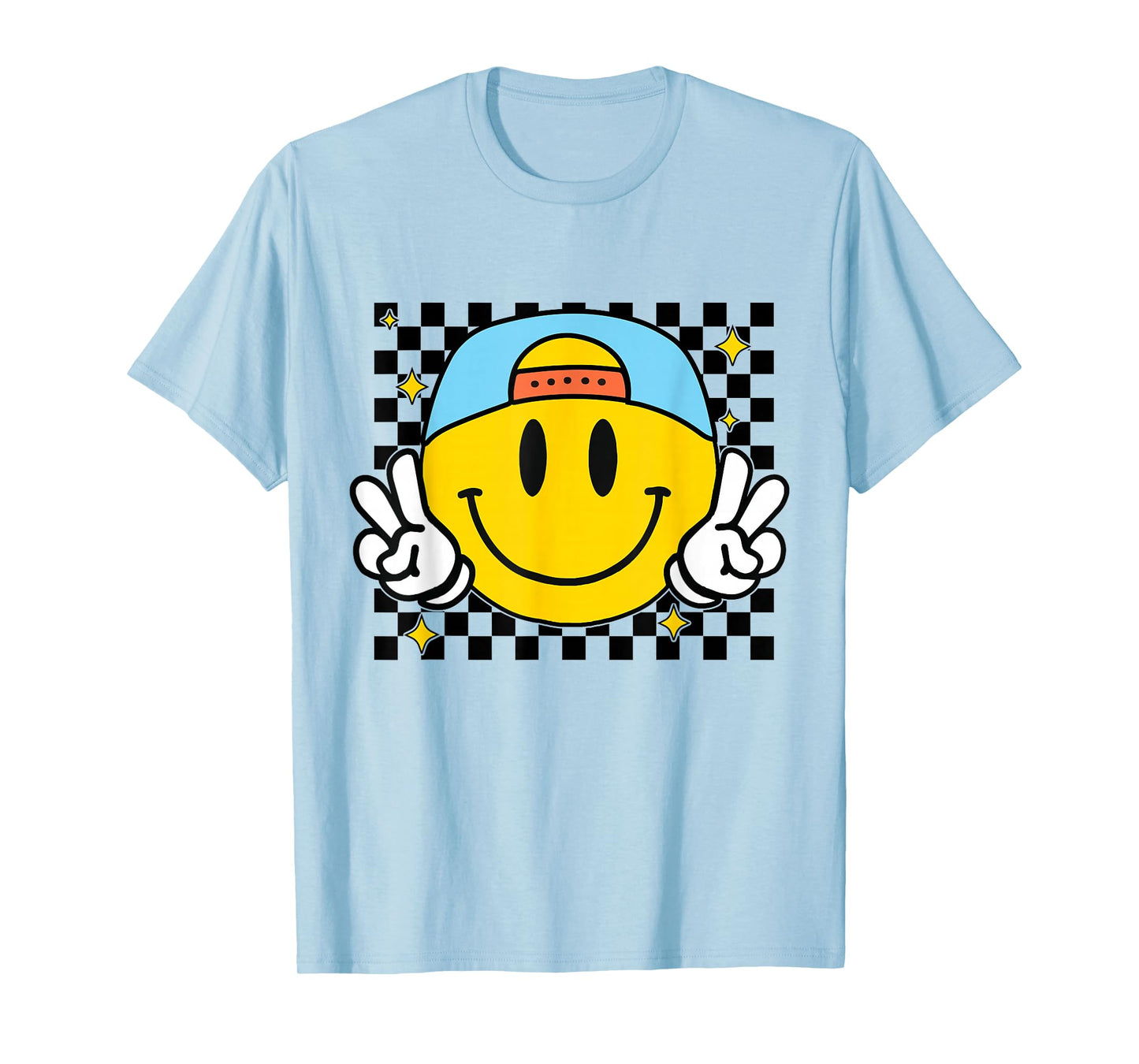 Yellow Smile Face Cute Checkered Peace Smiling Happy Face T-Shirt