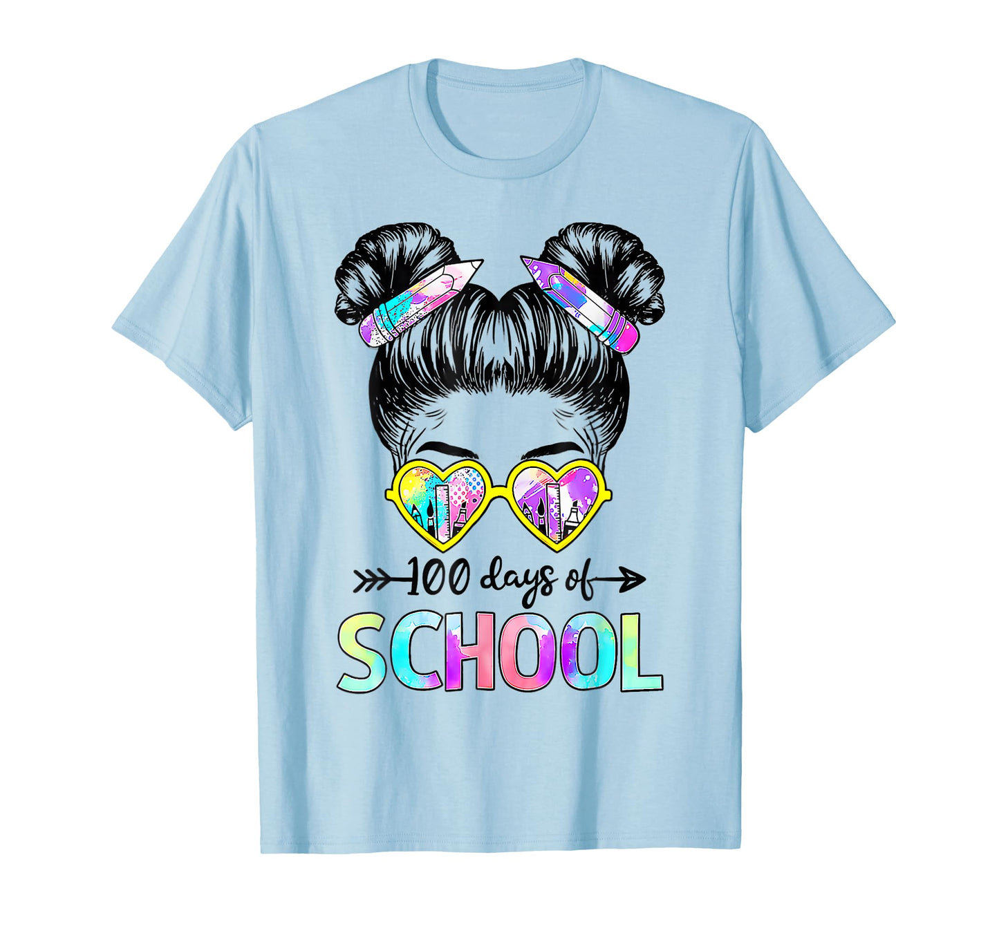 100 Days Smarter Girls Messy Bun Hair 100th Day of School T-Shirt