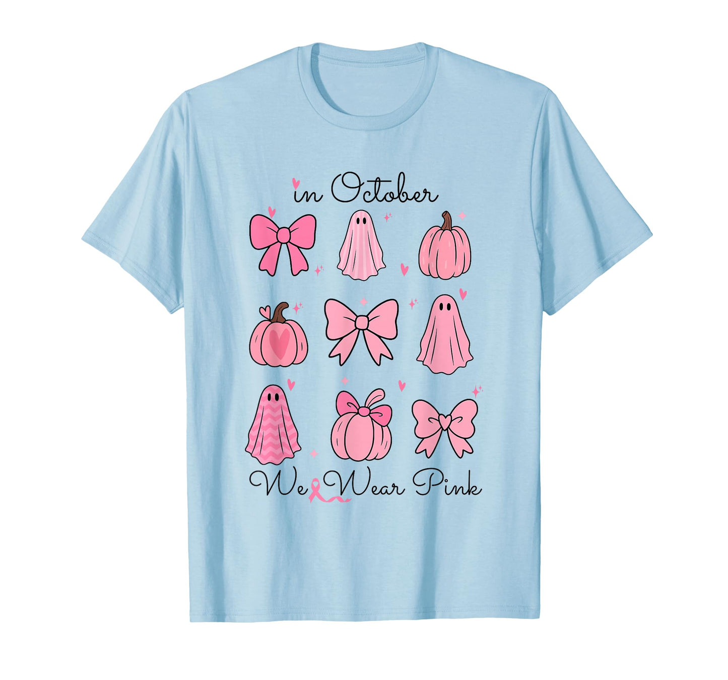 in October We Wear Pink Pumpkin Bows Ghost Breast Cancer T-Shirt