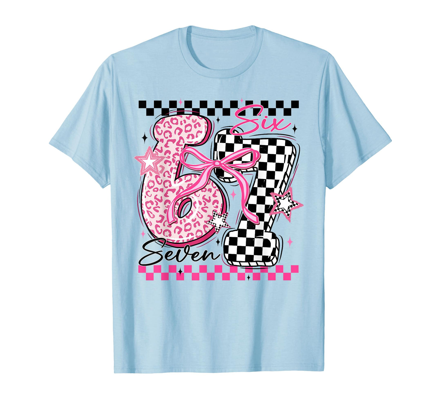 Six Seven 6 7 Leopard Checkered 67 Meme Teacher Women Girls T-Shirt