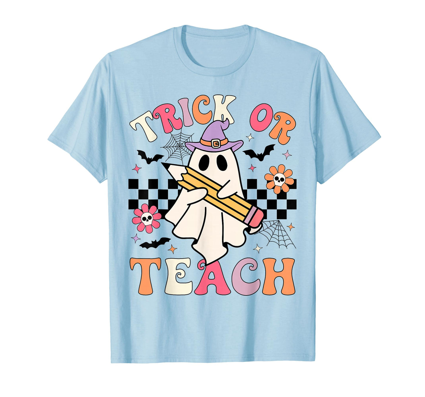 Trick Or Teach Groovy Teacher Halloween Retro Floral Ghost T-Shirt