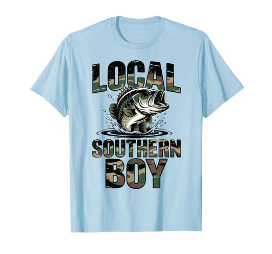 Local Southern Boy Fishing Camo Bass Fish Youth Men Dad Joke T-Shirt