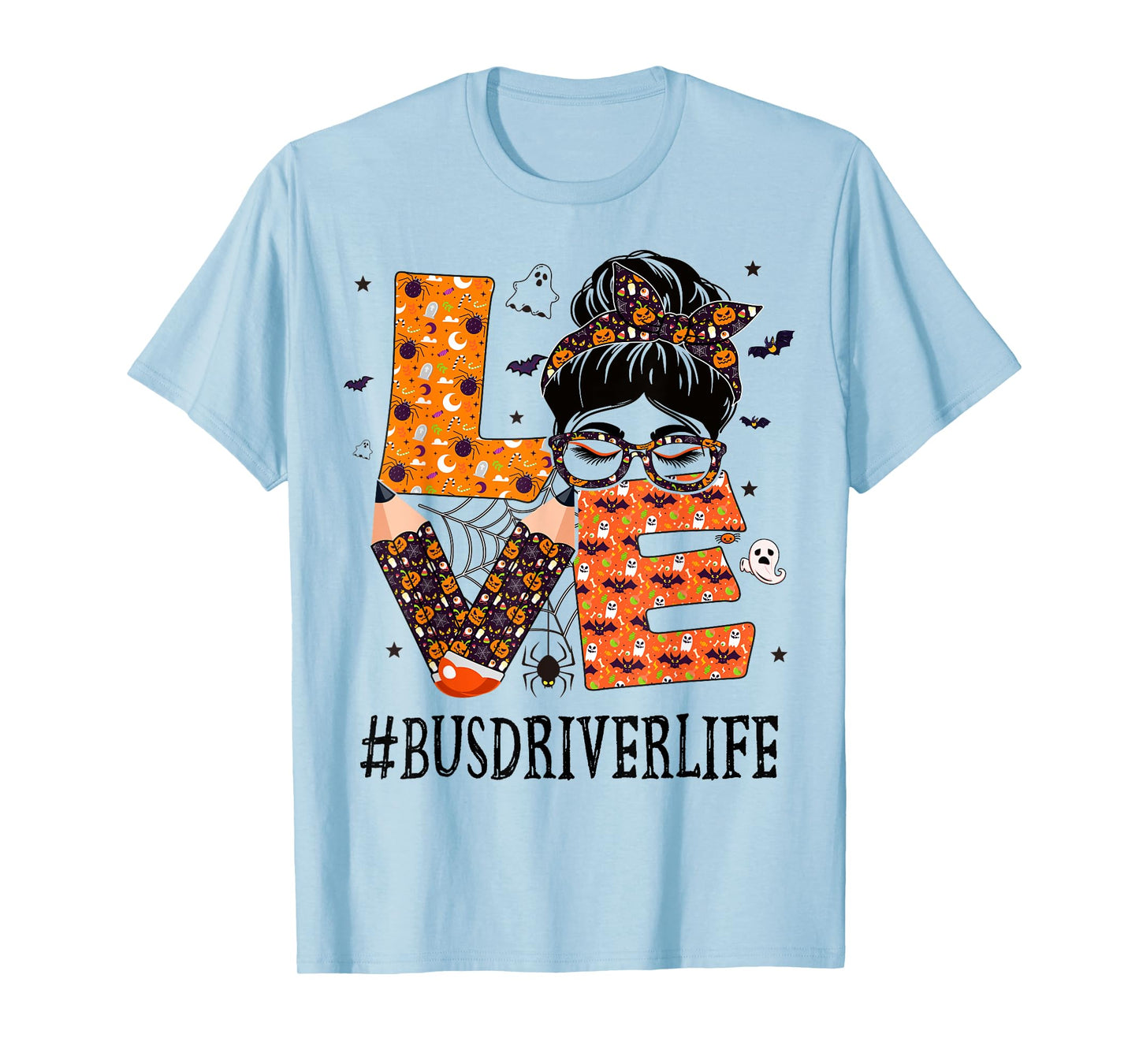 Bus Driver Love Messy Bun Pumpkin Women Halloween Costume T-Shirt