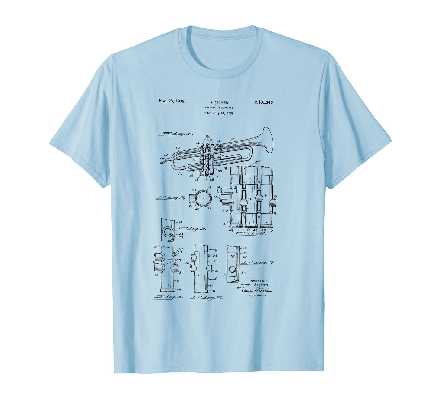 Trumpet Blueprint Vintage Patent Trumpetist Drawing Print T-Shirt